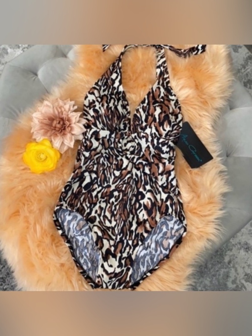 Brown and Black Leopard Animal Print One Piece Swimsuit Plunge Front Sz SM NEW!